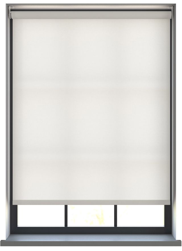 A white dimout roller blind in a window